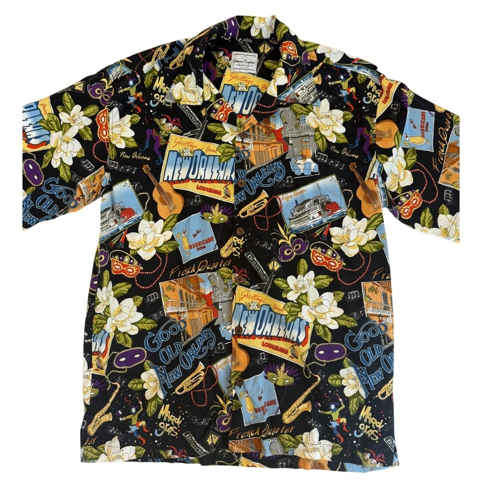 David Carey Mens New Orleans Mardi Gras Button Up Shirt L Black Hawaiian Camp